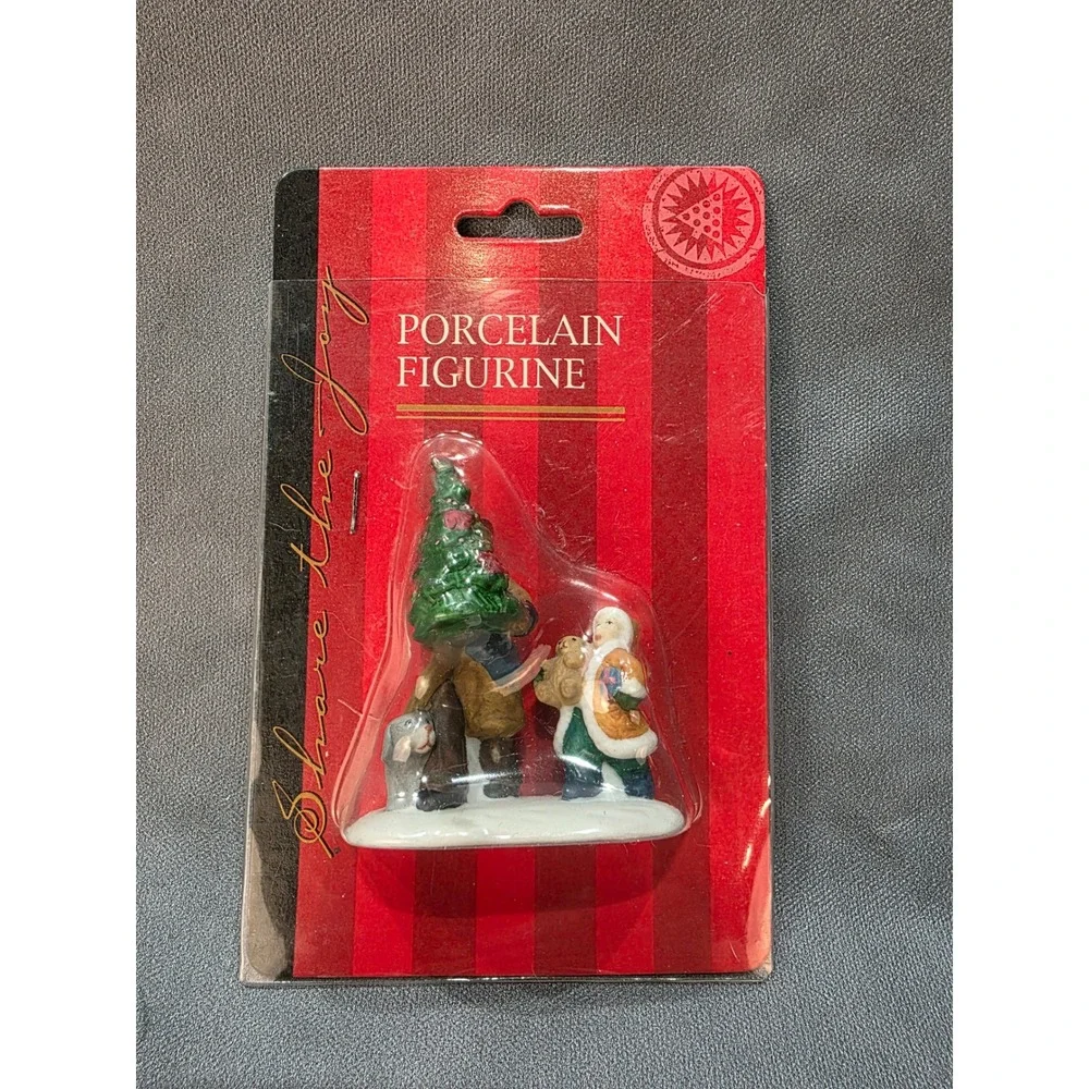 Vintage Caldor Porcelain Christmas Figurine Man with Tree Child Teddy Bear NIP